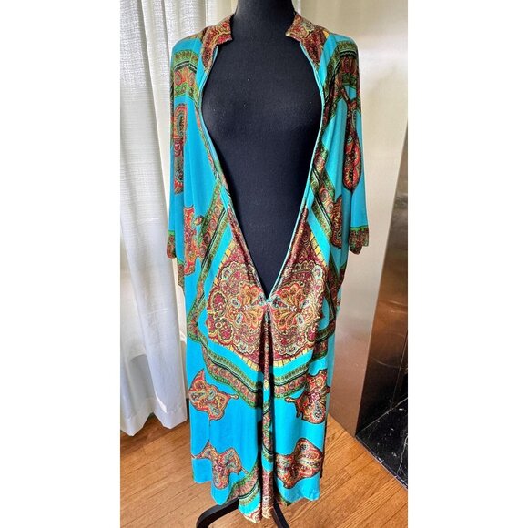 Vintage 70s muumuu, peacock blue, orange green abstract print, front zipper - Picture 9 of 10